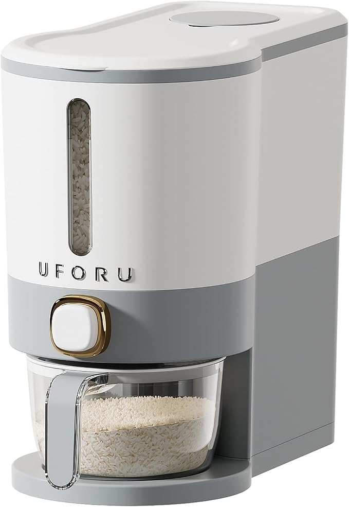 UFORU Rice Dispenser, Rice Storage Container with Measuring Cup for Kitchen Pantry Household, Dry Food Storage Containers Airtight, Sealed Moisture Proof (Grey 13 Lbs)
