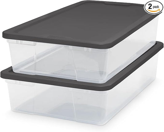 HOMZ 2-Pack Snaplock, Small Clear Plastic Storage Organizer Bins w/ Lids, 28 Quart, Gray - Stackable Container Boxes for Bedroom, Bathroom, Garage, and Office Organization