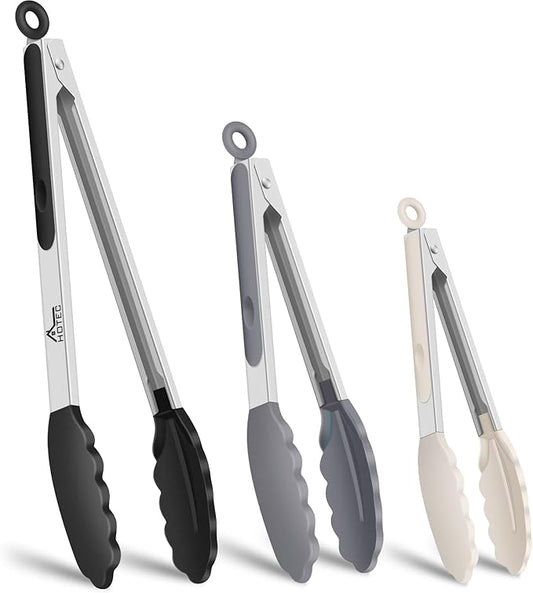 HOTEC Premium Stainless Steel Locking Kitchen Tongs with Silicon Tips, Set of 3-7", 9" and 12" (Black,Grey,Khaki)