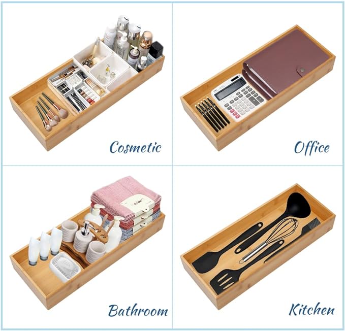 PRATIQUE Bamboo Drawer Organizer - Kitchen Utensil Organizer Silverware Tray Cutlery Holder，Office Desk Supplies and Accessories (12x5.9x2.6 inch)