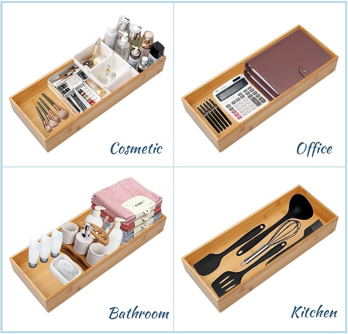 PRATIQUE Bamboo Drawer Organizer - Kitchen Utensil Organizer Silverware Tray Cutlery Holder，Office Desk Supplies and Accessories (5.9x3x2.6 inch)