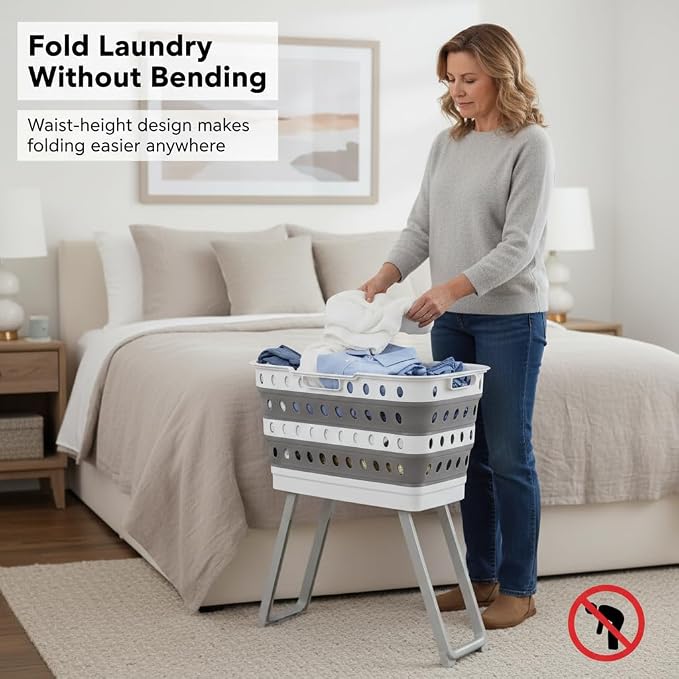 Spark Innovators No Bend Basket, Collapsible Laundry Basket with Legs | Foldable Plastic Laundry Hamper, Durable & Lightweight, Space-Saving Clothes Basket, Ideal for Dorms, Apartments & RVs