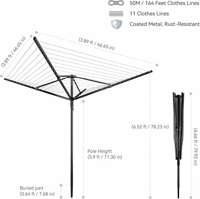 Enayplon 4-Arm Umbrella Clothes Drying Rack, 164 FT Rotary Outdoor Clothesline, Height Adjustable Foldable Laundry Dryer with Ground Spike & Waterproof Protective Cover for Backyard Patio Garden