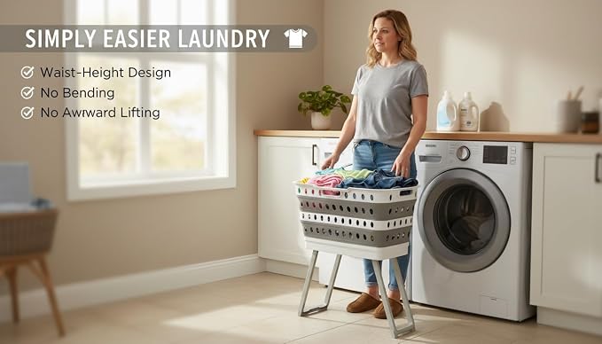 Spark Innovators No Bend Basket, Collapsible Laundry Basket with Legs | Foldable Plastic Laundry Hamper, Durable & Lightweight, Space-Saving Clothes Basket, Ideal for Dorms, Apartments & RVs