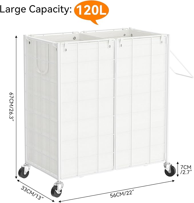 WOWLIVE Double Laundry Hamper with Wheels, Metal Rolling Laundry Basket | Wire Frame Hamper with 2 Removable Bags, 120L Dirty Clothes Hamper Organizer Dorm Room Storage for Bedroom, White