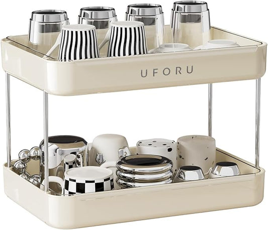 UFORU Countertop Coffee Station Organizer,Cup Rack,Mug & Wine Glass Holder | 2-Tier Cream White Mug Shelf with Removable Drain Tray,Bathroom Countertop Organizer,Spice Rack for Kitchen