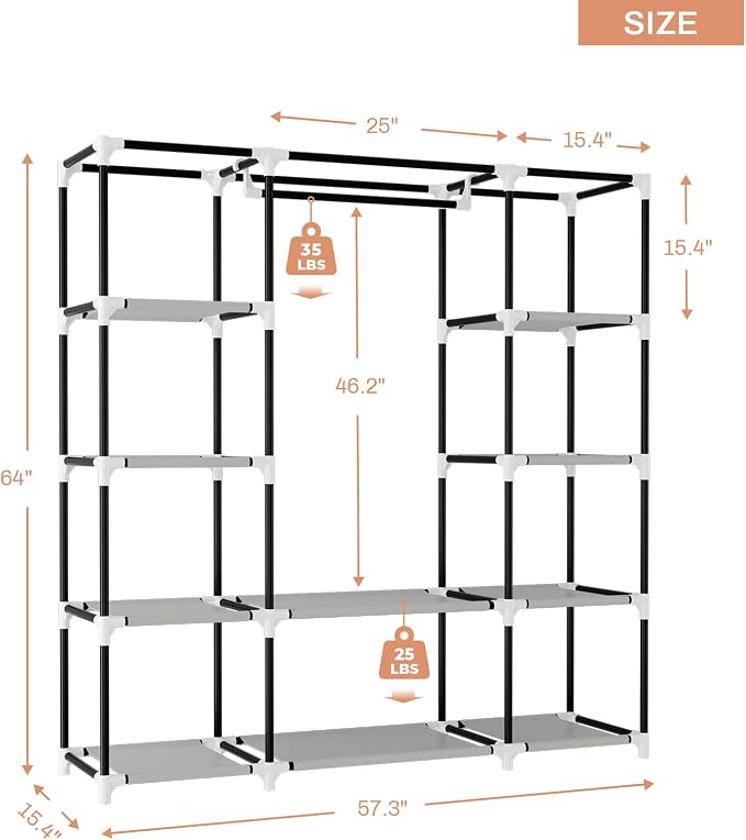 VTRIN Portable Closet Wardrobe for Hanging Clothes 57.3 Inch Large Capacity Clothes Rack with Cover, 10 Storage Organizer Shelves, 1 Hanging Rods and 6 Pockets, Free Standing Closet for Bedroom, Grey