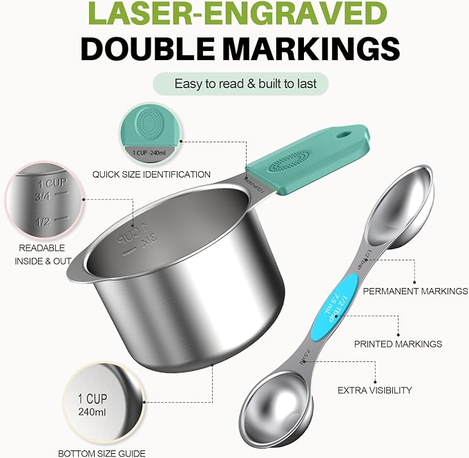 Magnetic Measuring Cups & Spoons Set, Strong N52 Magnets, Heavy Duty 304 Stainless Steel, Dual-Sided Design Fits Spice Jars, Easy-to-Read Markings, 16-Piece Set with Leveler for Baking & Cooking