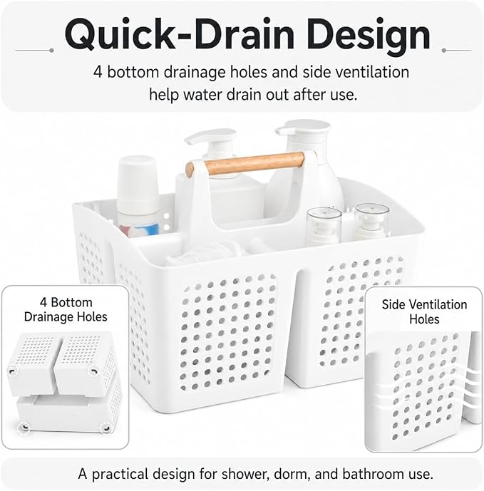 Portable Shower Caddy Basket with Wood Handle, 3-Compartment Bathroom Organizer Tote with Drain Holes, Plastic Shower Basket for Dorm, Toiletries, Cleaning Supplies, White