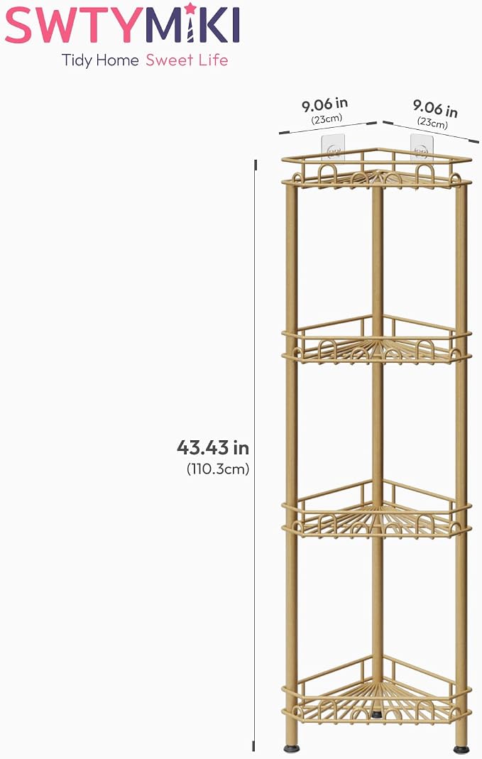 SWTYMIKI Standing Shower Caddy Corner - 4‑Tier Stainless Steel Shower Organizer Shelf with 12 Hooks and Adhesive Pads, Rustproof Corner Shelves Stand Rack for Bathroom Shower Room, Gold