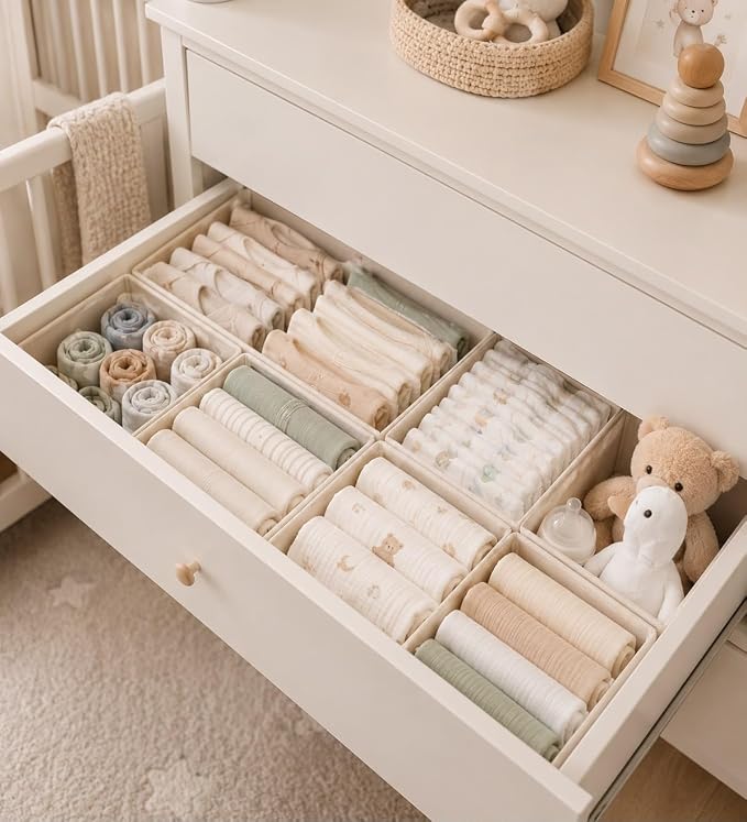 6 Pack Baby Clothes Organizer, Dresser Drawer Organizer for Baby Clothes, Foldable Fabric Closet Drawer Storage Bins, Dresser Dividers for Bras, Socks, Ties & Scarves