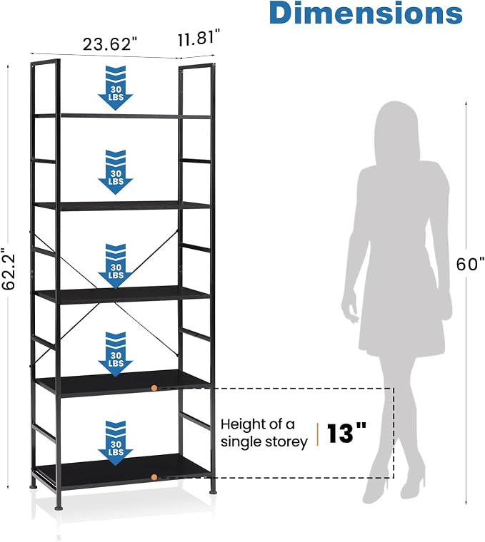 DUMOS 5 Tiers Open Bookshelf, Classic Freestanding Tall Display Shelf | Multifunctional Storage Organizer Rack for Living Room Home Office, Sturdy Bookcase for CDs/Books/Movies, Modern Black