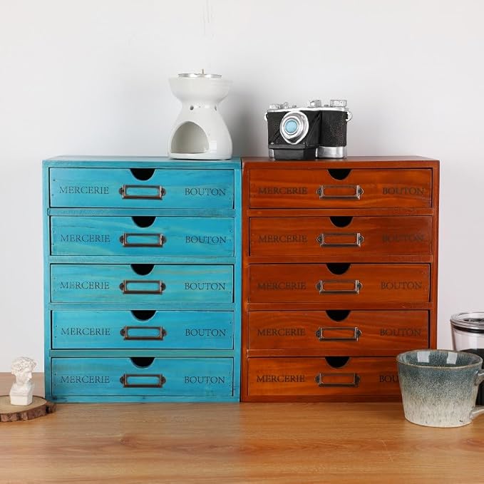 Wooden Storage Box with 5 Drawers Apothecary Drawers Vintage Wooden Drawers Wood Desktop Organizer with Drawer Library Card Catalog Cabinet Apothecary Cabinet （BLUE）