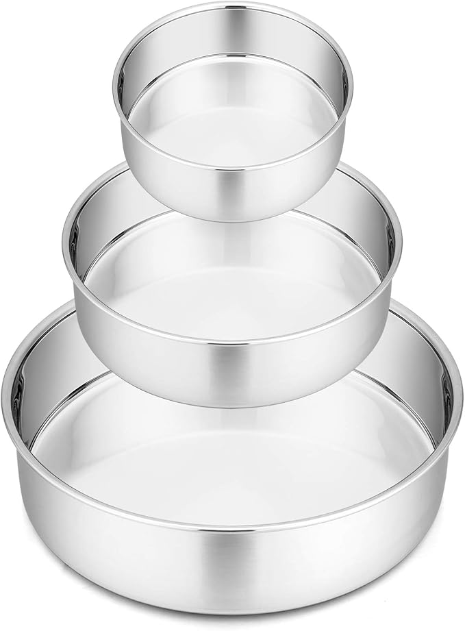 P&P CHEF Cake Pan Set of 3, 4" + 6" + 8" Round Baking Layer Tier Cake Pans Tins, Stainless Steel Bakeware for Birthday Weeding, Heavy Duty & Non Toxic, Mirror Finish & Dishwasher Safe