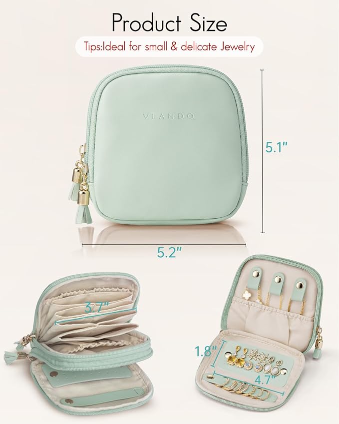 VLANDO 2-Layer Jewelry Travel Case for Necklaces,Rings,Earrings | Portable Organizer with Zip Closure Keeps Small Jewelry Separated for Vacations, Carry-On Purse, Weekend Trips, Green Grape