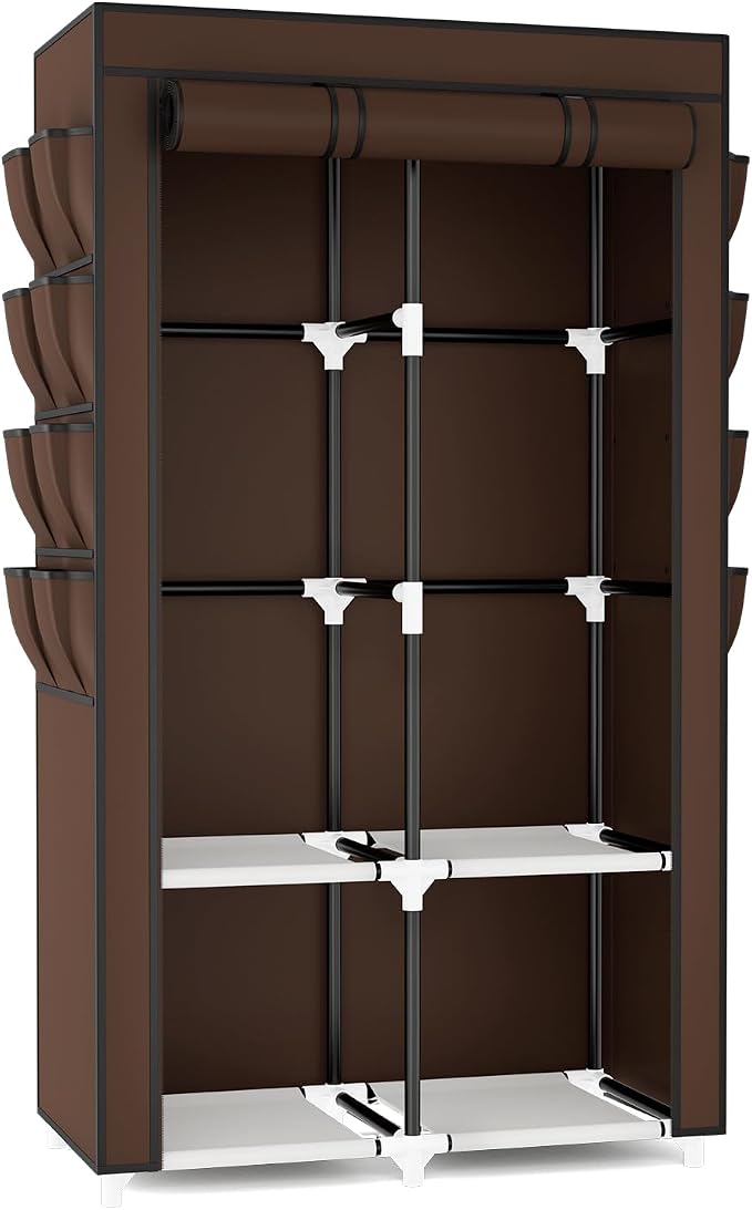 Portable Closet for Hanging Clothes, Portable Wardrobe Closet with Cover, 4 Storage Shelves, 2 Hanging Rods and 8 Side Pockets Easy Assembly and Sturdy Free Standing Closet for Bedroom Brown