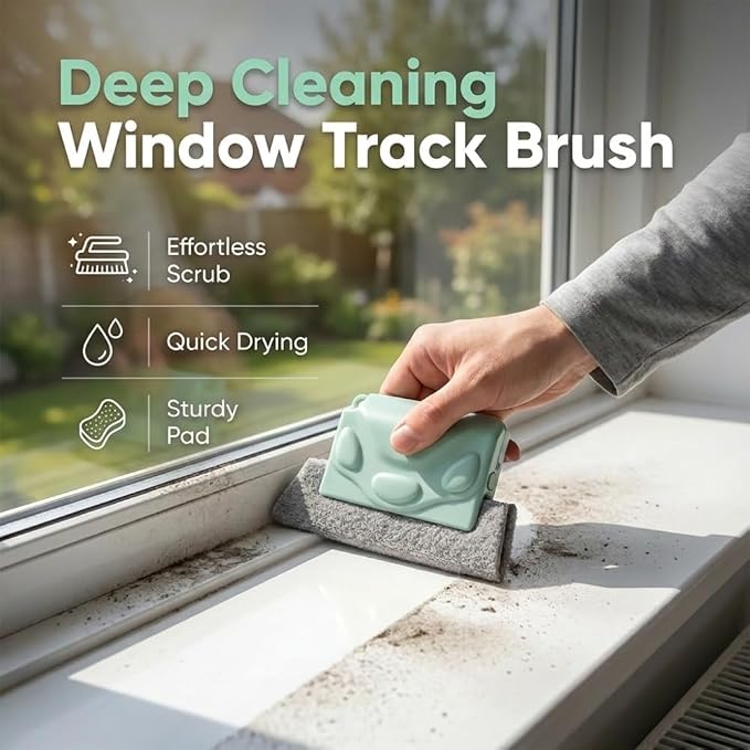 Magic Window Track Cleaner, Window Groove Cleaning Brush Set, Track and Sill Crevice Tool with Handle, for Tile Lines Shutter Slats Car Vents and Narrow Gaps (Green)