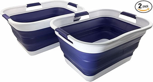 SAMMART 30L (8 gallons) Collapsible Plastic Laundry Washing Tub/Basket-Portable Pop Up Storage Container/Organizer-Foldable Laundry Hamper-Space Saving (2, White/Navy Blue)