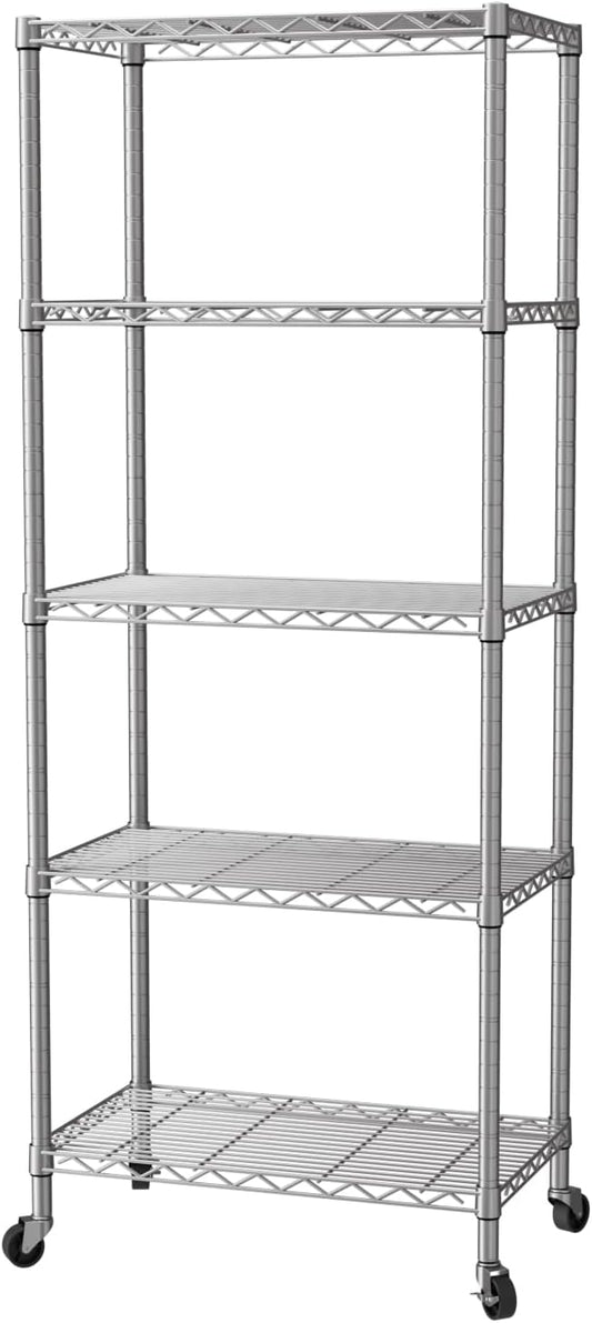 SINGAYE 5 Shelves Storage Wire Shelf Closet Metal Shelving Pantry Wheels | Shelf Bathroom Organizers Metal Kitchen Garage Shelving Unit Laundry Room Organization Home Rack Net Basket with Wheels