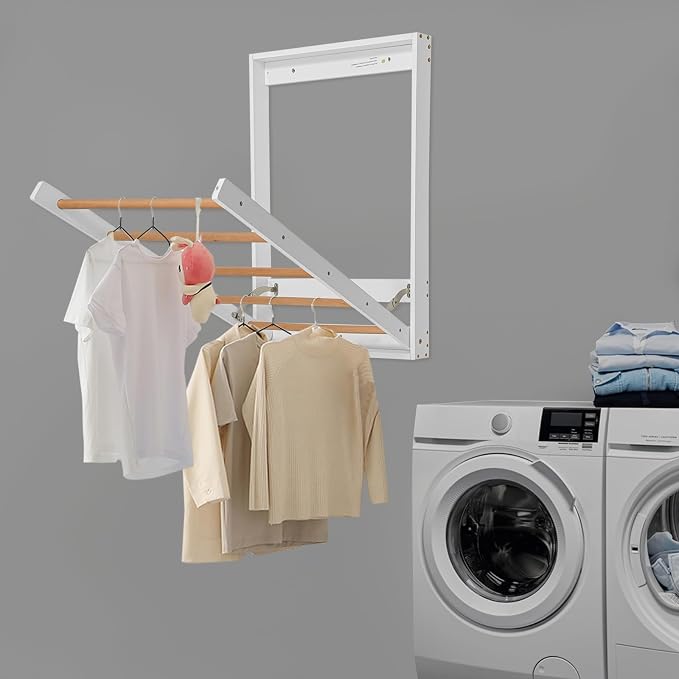 Wall Mounted Clothes Drying Rack, Folding Laundry Drying Rack with 5 Wooden Rods, 11LBS Capacity Retractable Clothes Airer for Bathroom Laundry Room Balcony