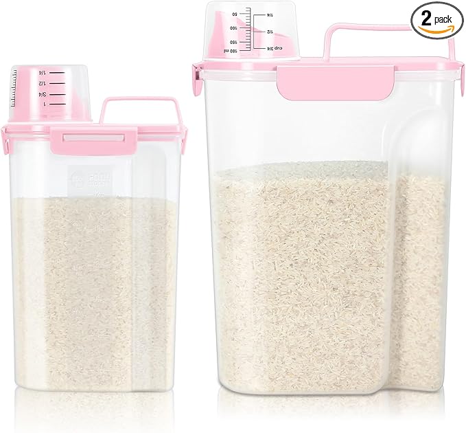 TBMax 2 Pack Airtight Rice Container 5 Lbs +10 Lbs, Cereal Container Oatmeal Storage with Easy-pouring Spout & Handy Cup for Flour Grain Beans, Pet Dog Cat Bird Food Storage Dispenser -Pink