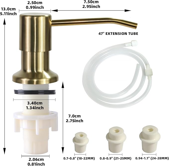 Soap Dispenser for Kitchen Sink, Built in Sink Soap Dispenser, Countertop Soap Dispenser Pump with 47" Extension Tube kit, No Need to Fill Little Bottle Again, Golden
