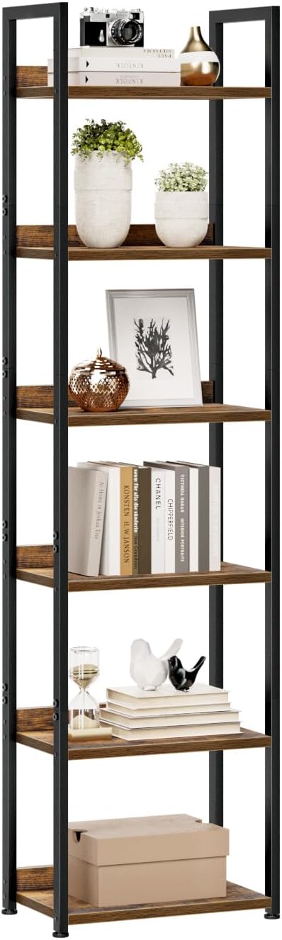 NUMENN Narrow Bookshelf, 6 Tier Freestanding Shelving Unit, Vintage | Metal Frame & Wood Shelves, Falling Prevention Baffle, Open Storage Bookcase for Bedroom, Living Room & Home Office