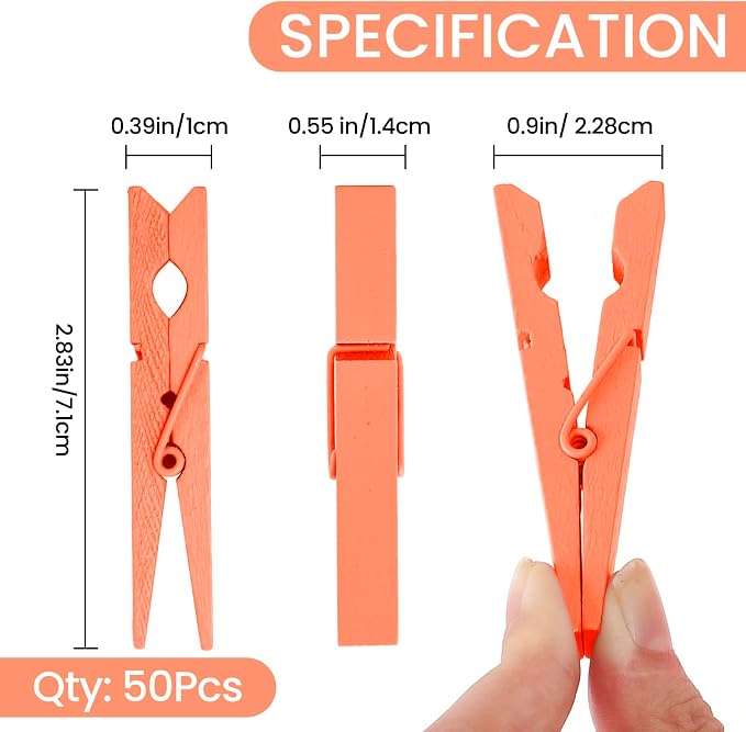 50PCS Colored Wooden Clothespins 2.9 Inch Color Clothes Pins for Pictures | Colorful Close Pins Wood for Photos Classroom School Decoration Craft Cheer, Orange