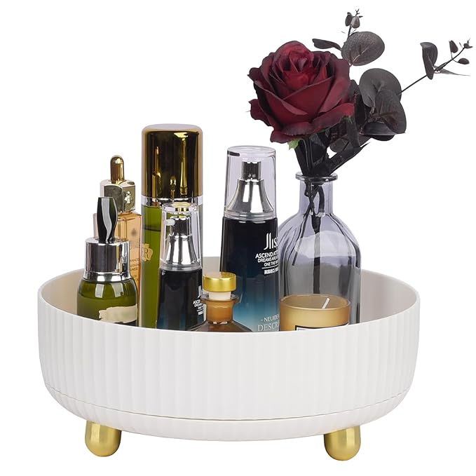 Anyoifax Makeup Perfume Organizer Tray 360 Degree Rotating Lazy Susan Skincare Lotion Organizer Spinning Cosmetics Storage for Dresser, Vanity, Bathroom Countertop, Large Ivory White