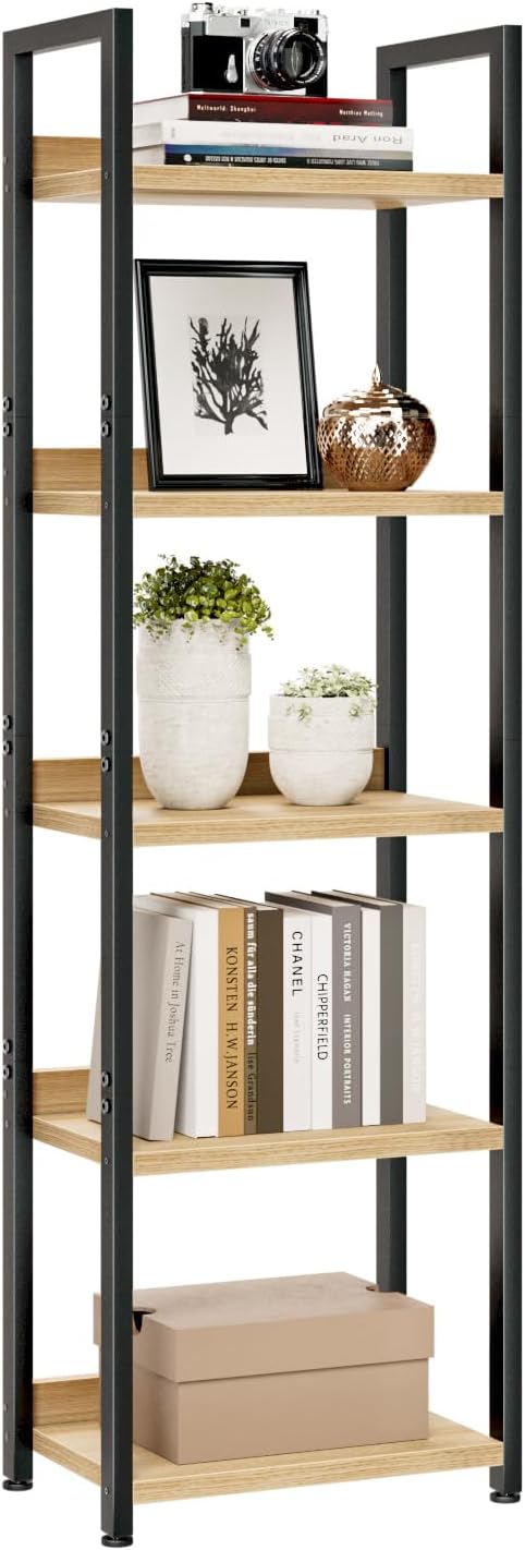 NUMENN Narrow Bookshelf, 5 Tier Freestanding Shelving Unit, Natural | Metal Frame & Wood Shelves, Falling Prevention Baffle, Open Storage Bookcase for Bedroom, Living Room & Home Office