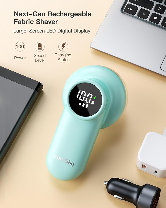 coldSky Rechargeable Fabric Shaver, Lint Shaver with Digital Display, Sweater Shaver with 6-Leaf Blades and Safety Lock, 3-Speeds Defuzzer Remove Fuzz, Pills from Clothes, Furniture, Blanket Green