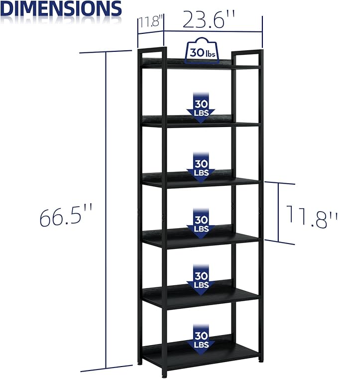 NUMENN Bookshelf, 6 Tier Freestanding Shelving Unit, Black | Metal Frame & Wood Shelves, Falling Prevention Baffle, Open Storage Bookcase for Bedroom, Living Room & Home Office