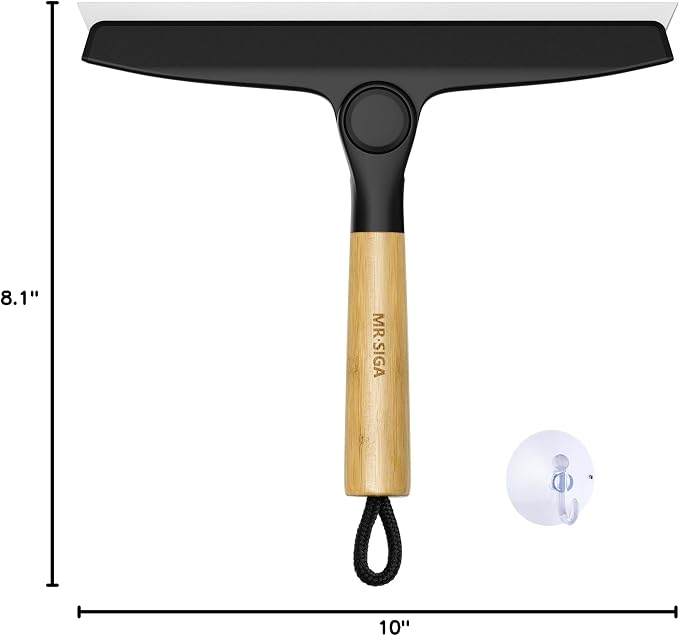 MR.SIGA All Purpose Silicone Squeegee for Shower Door, Mirror, Glass, Streak Free Shower Squeegee, Pivoting Bamboo Handle, Includes 1 Suction Hook, 10 inch Wide, Black, 1 Pack