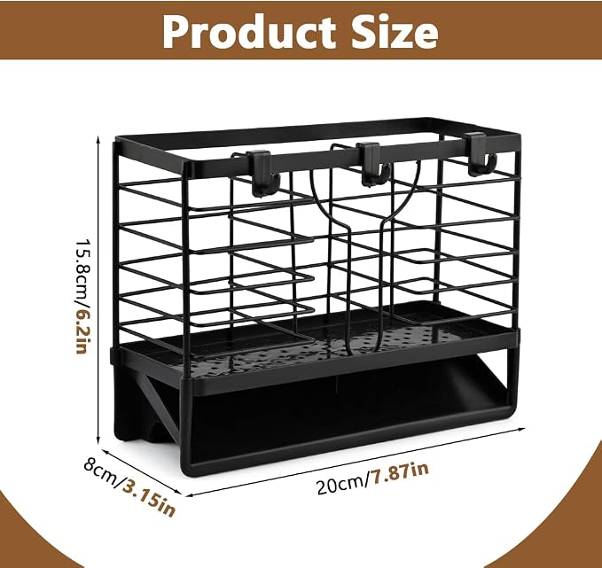 Stainless Steel Utensil Holder, Utensil Drying Rack with Drain Tray, 3 Compartments Kitchen Counter Drainer Basket Cutlery Organizer for Forks, Chopsticks, Spoons(Color:Black)