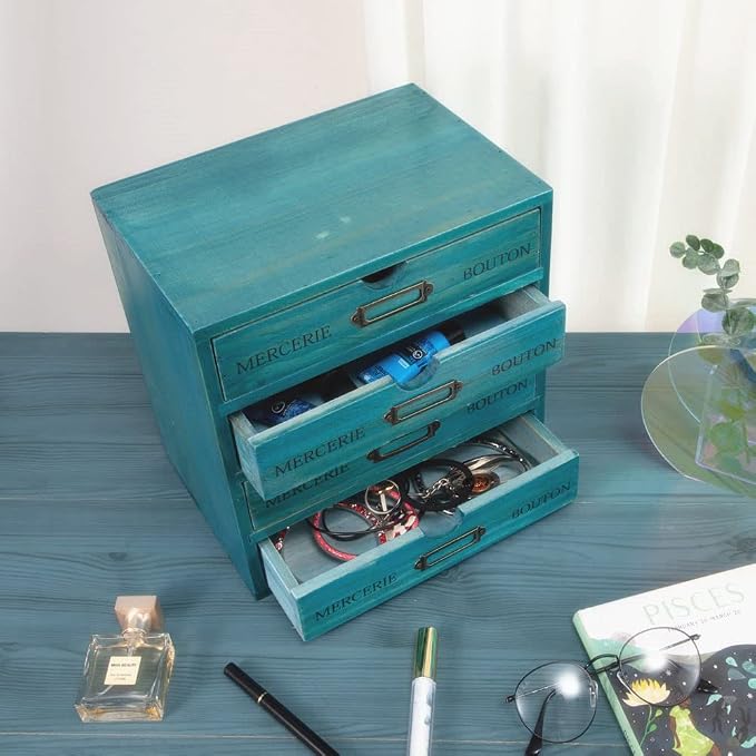 Small Wooden Drawers Wooden Box with Drawer Blue | 4 Drawer Storage Box for Apothecary Cabinet, Apothecary Drawers，Desktop Organizer with Metal Handles for Office，Home