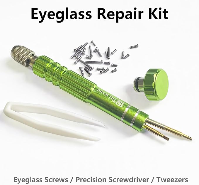 PTSLKHN Eye Glass Repairing Kit, S2 Steel Screwdriver with 15 Types of Screws, Precision Eyeglass Repair Tool Set (Green2in1-screws)