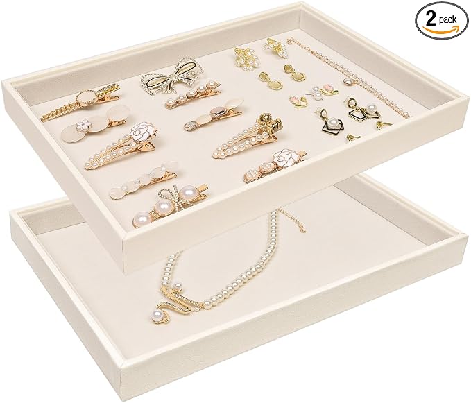 Beige Velvet Jewelry Tray for Drawers Black Jewelrys Display Tray Stackable Jewelry Organizer Trays for Necklace Bracelet Ring Watch (2 Pack)