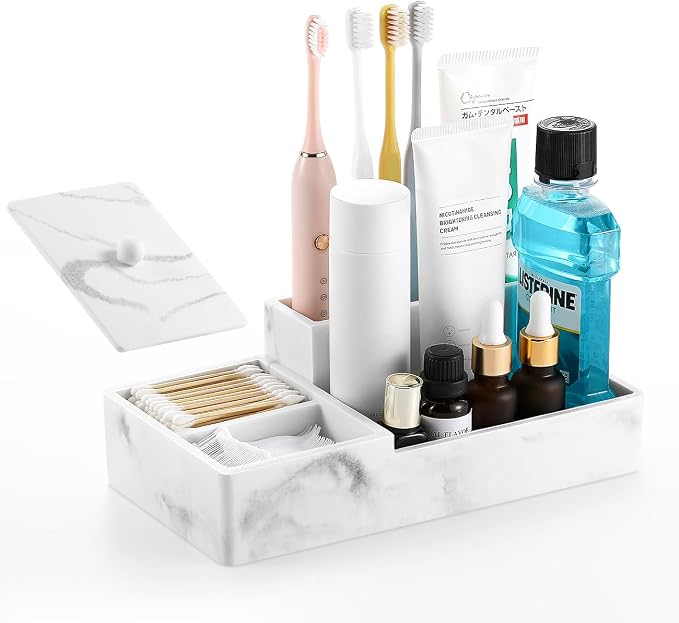 Luxspire Bathroom Counter Organizer with Lid, 6 Slots, Gravel White | Bathroom Vanity Organizer, Bathroom Organizer Countertop for Cotton Ball, Q-Tips, Floss