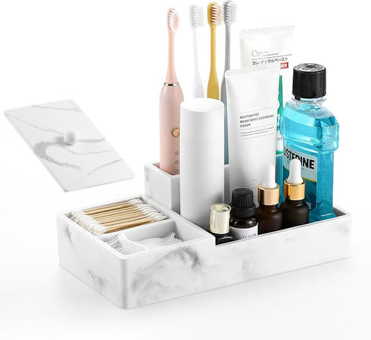 Luxspire Bathroom Counter Organizer with Lid, 6 Slots, Gravel White | Bathroom Vanity Organizer, Bathroom Organizer Countertop for Cotton Ball, Q-Tips, Floss