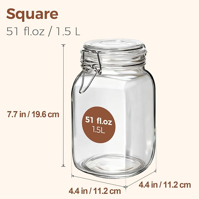 ComSaf Square Glass Jars with Airtight Lids 51 oz 3 Pack Wide Mouth | Flour sugar rice, Kimchi pickling, Sourdough pickling, Pantry organization, Dry food storage, Kitchen storage canister