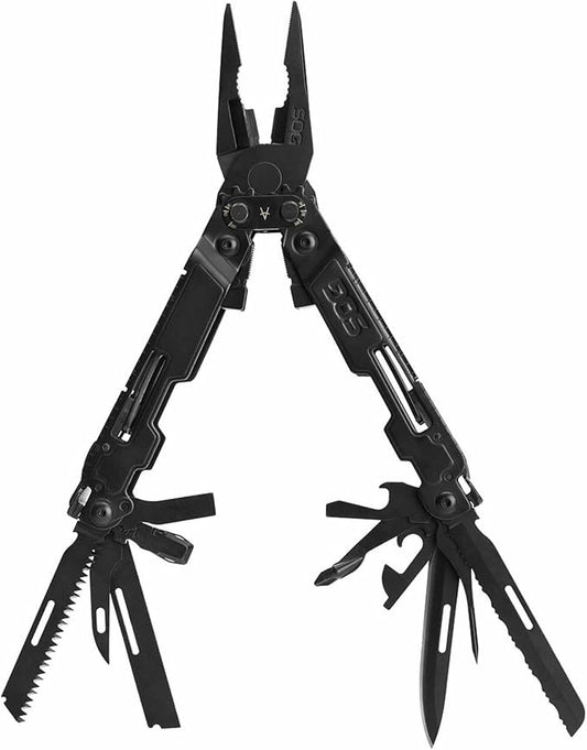 SOG PowerAccess Deluxe All-Around Heavy Duty Stainless Steel Multi-Tool w/Nylon Sheath, Two Knife Blades, Can & Bottle Opener, Black | Compound Leverage Pliers, 2 Blades, Wood Saw, Can and Bottle Openers, 12-Pc Hex Bit Kit