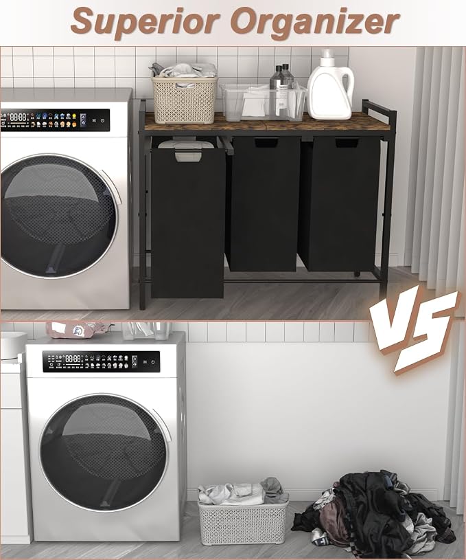 10 x 3 Gal Large Laundry Hamper, Rustic Brown and Black | Freestanding Clothes Basket Organizer with 3 Pull-Out & Removable Sorter Bags for Clothing or Toys in Bathroom & Living Room