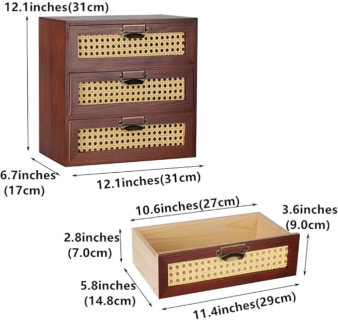 GoooodGIFT Wooden Drawers Small Wooden Box with Drawer, Brown | 3 Drawer Wood Storage Box , Vintage Desktop Organizer with Drawers, Desk Organizers for Library Card Catalog Cabinet