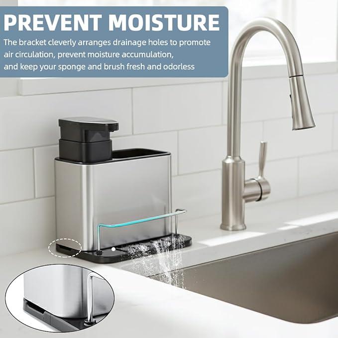 Dish Soap Dispenser, 3-in-1 Sponge Holder, Organizer Dish Soap Dispenser,Sink Caddy,Stainless Steel Dishs Brush Scrubber with Sponge Holder(Color:Black)