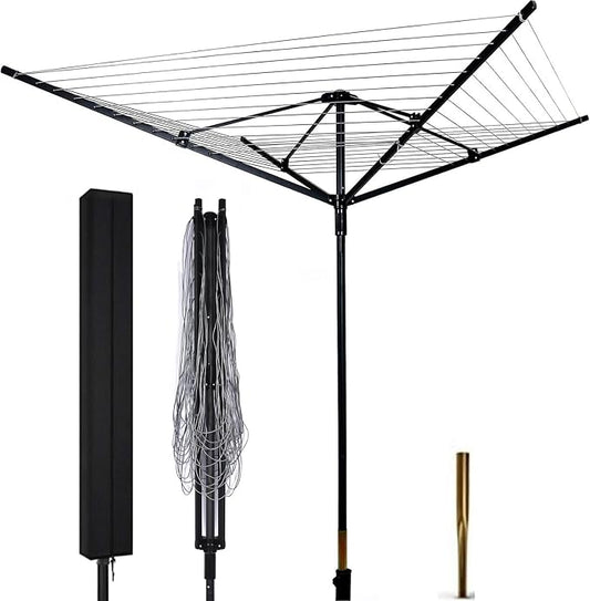 MYOYAY 165 Ft Outdoor Umbrella Drying Rack Rotary Retracting Clothesline | Adjustable Height Collapsible Umbrella Clothesline 4 Arm Heavy Duty Clothes Drying Rack with 12 Lines for Laundry Outdoors