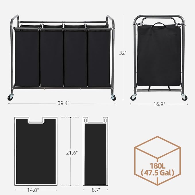 STORAGE MANIAC Laundry Sorter 4 Section, 47.5 Gal (180 L) Laundry Hamper with Wheels, Clothes Divider Basket Sorter, Separator Hamper Cart with Removable Bags, Black