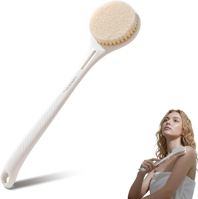 Back Scrubber for Shower for Women Men, Body Brush with Long Handle, Exfoliating Bath Washer with Soft Bristles, Body Exfoliator for Wet or Dry Brushing, Back Scrub Deep Cleaning, White