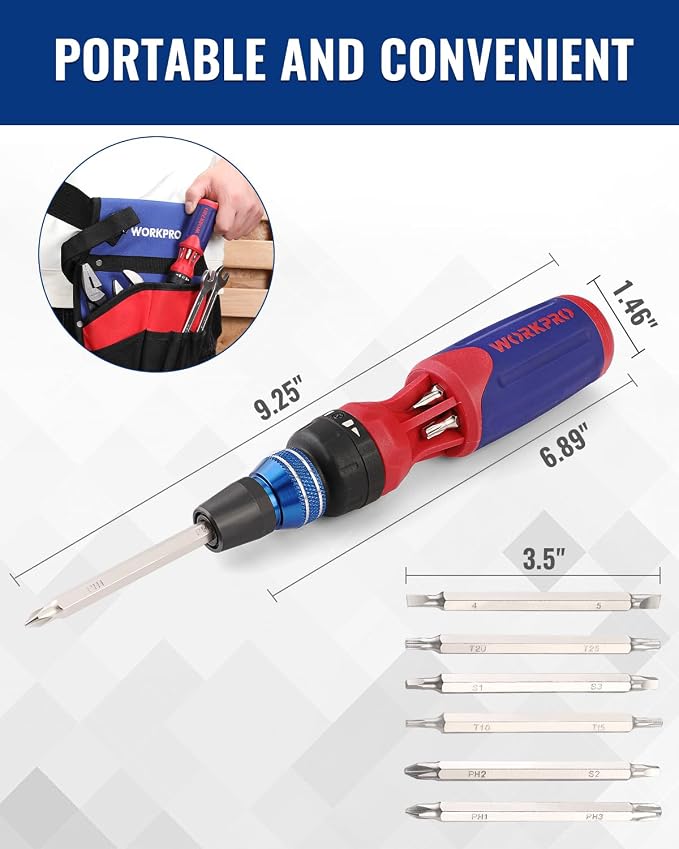 WORKPRO 12-in-1 Ratcheting Multi-Bit Screwdriver Set | Quick-load Mechanism Screwdriver with Double End Bits in Handle