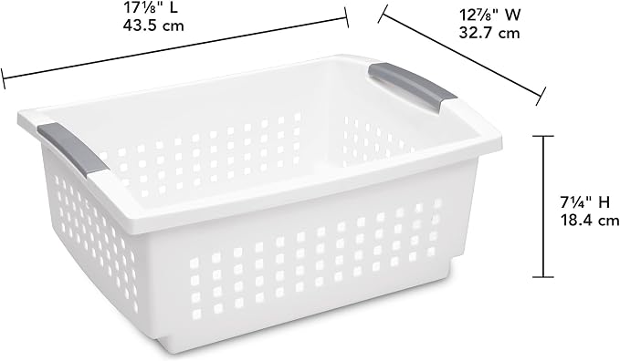 Sterilite 12 Pack Large Stacking Basket, Open Top Storage Bin with Handles, White - Ideal for Home Closets, Kitchens, or Office Organization