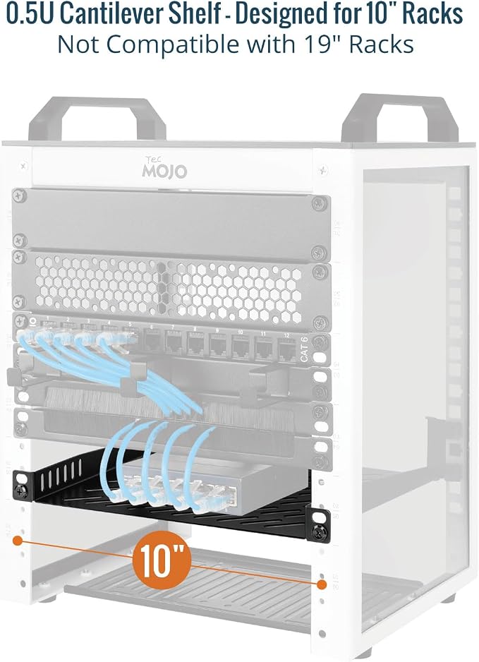 Tecmojo 2 Pack 0.5U Rack Mount Shelf for 10" Server Rack, 7.87" Deep Vented Cantilever Tray, Metal Shelf for Network Cabinet, Server Enclosure, Enhanced Airflow, Black
